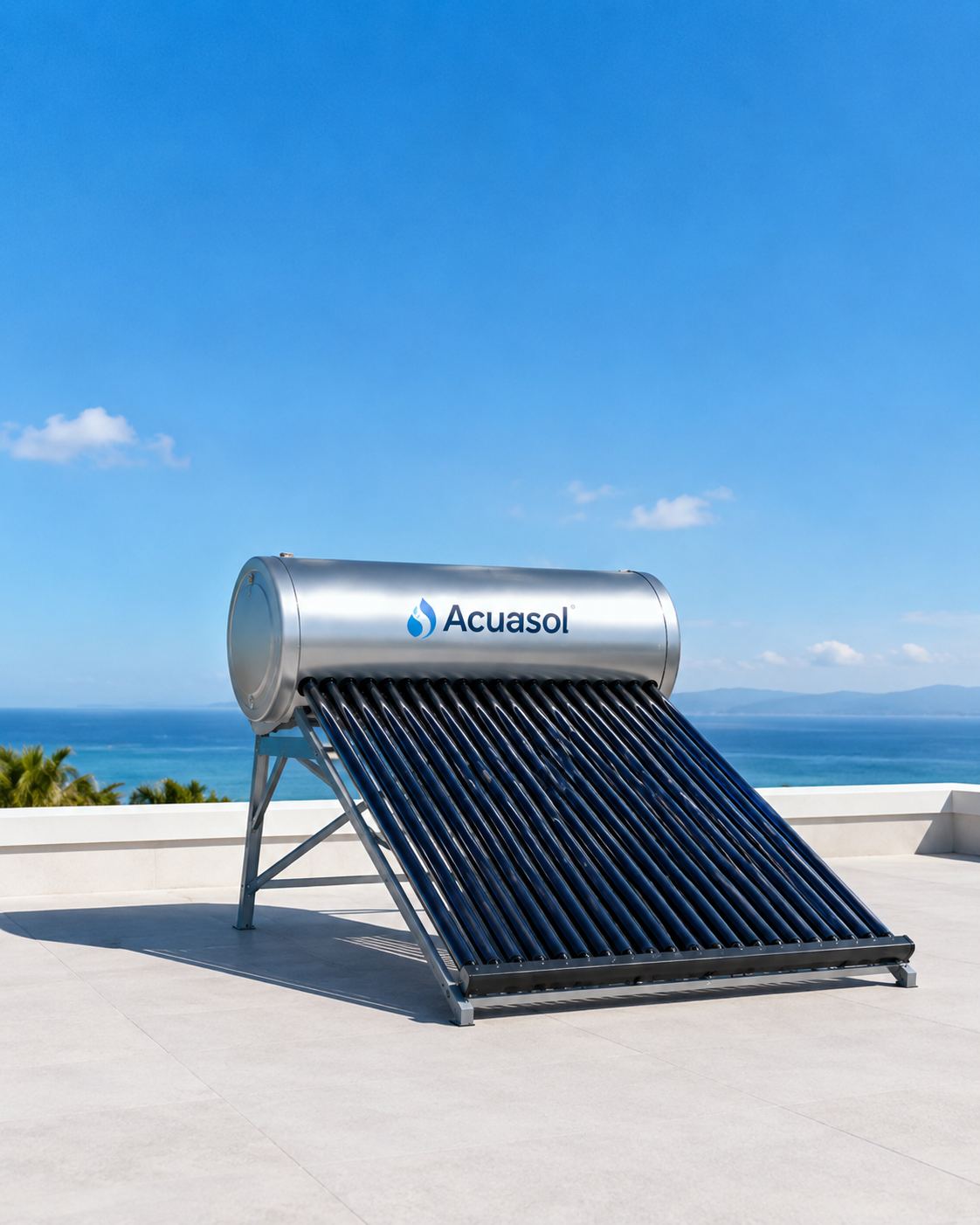 Acuasol solar water heater with evacuated vacuum tubes capturing solar energy